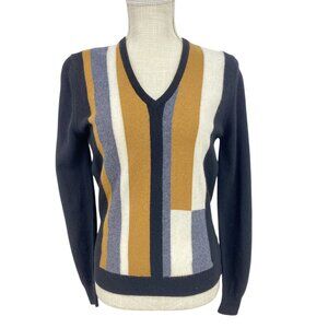 jaeger Cashmere V Neck Colour Block Retro Sweater Sz S